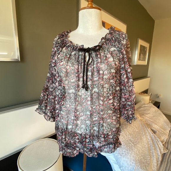 - Ella Moss Loose Floral 100% Silk Blouse Ruffled Neckline & Hem SMALL   - K918 - Picture 2 of 10